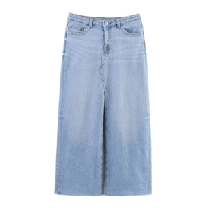 Slim fit light blue wash denim midi skirt with front slit and classic five-pocket design