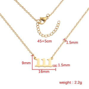 Gold lucky number 111 necklace in stainless steel with 45cm chain and size dimensions