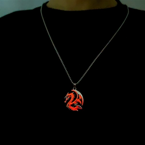 Luminous dragon totem necklace with red glow pendant on silver chain for men