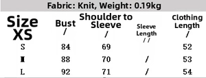Size chart showing bust and length for this pleated knit top in S, M, and L sizes