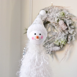 Detailed view of plush snowman Christmas hat with knit fabric and glittery silver sequins