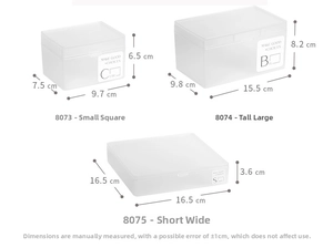 Three sizes of frosted transparent plastic storage boxes with specific dimensions