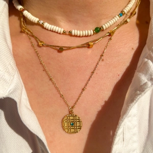 French vintage layered square necklace set with natural stone pendant and gold finish