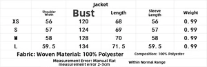 Detailed size chart for elegant wool coat with shoulder and chest measurements