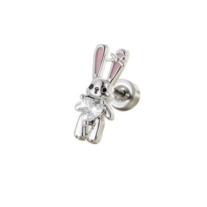 Cute silver rabbit stud earring with pink enamel and sparkling heart zircon inlay
