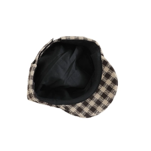 British style checkered plaid newsboy cap for girls in brown and black wool fabric