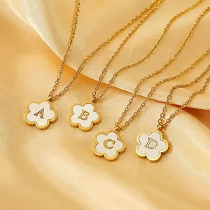 Five Petal Flower Initial Letter Pendant Necklace 18K Gold Plated Stainless Steel Shell Inlay Elegant Jewelry For Women