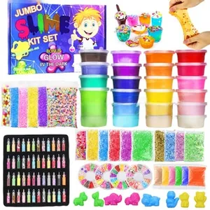 Luminous slime DIY kit with colorful foam balls, glitter jars, and cartoon storage box