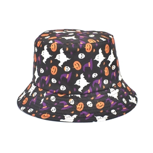 Halloween bucket hat in black with patterns of ghosts, pumpkins, and wizard hats