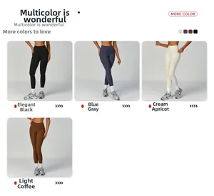 Detail view of high-waist yoga leggings showing black, blue, apricot and brown colors