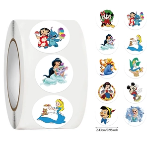 Detail view of 0.95 inch round cartoon reward stickers roll with various cute character designs