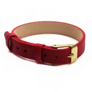 Detailed close-up of a 10mm red leather wristband featuring a golden buckle and holes