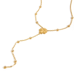 Collier en Y trèfle doré élégant avec perles et cristaux sur une chaîne polie