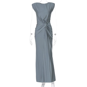 Detail view of waist twist knot and pleated texture on gray sleeveless maxi dress