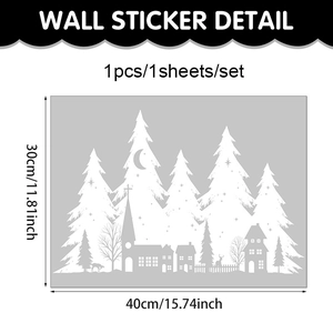 Winter wonderland white Christmas window stickers featuring forest church and reindeer silhouettes
