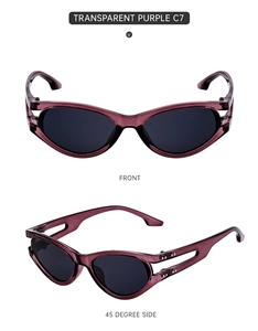 Detailed front and 45-degree side views of transparent purple oval sunglasses for women