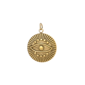 Ciondolo a moneta placcato oro 14K vintage con motivo occhio e stella celestiale