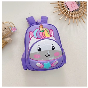 Close-up of waterproof purple unicorn EVA shell backpack with 3D ears and horn