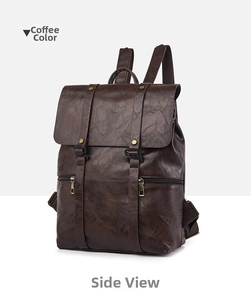 Seitenansicht des vintage kaffeebraunen Lederrucksacks mit silbernen Reißverschlüssen