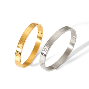 Roman numeral engraved stainless steel bangle bracelet set in gold and silver finish