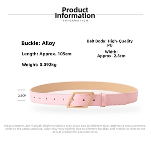 Pink PU leather belt for women with golden square alloy buckle and dimension specs