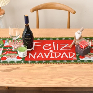 Christmas table runner with Feliz Navidad text and Santa Claus in red and green knit fabric