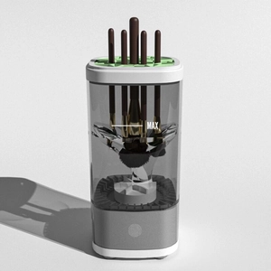 Detail of automatic makeup brush cleaner with rotating water flow and touch sensor