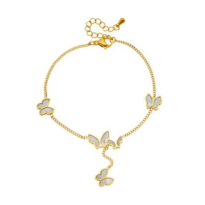 Elegant gold butterfly bracelet with white shell inlays and adjustable chain tassel link