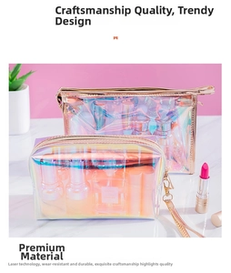 Detail of holographic laser makeup bags with gold zippers on marble background