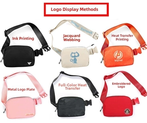 Detail view of nylon belt bags showing six colors and various logo printing techniques