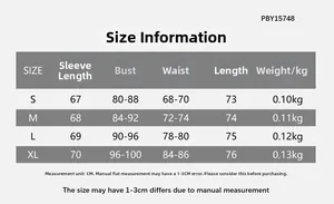Detailed size chart with measurements for the long sleeve stand-up collar bodysuit