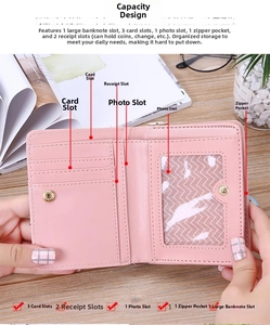 Internal layout of pink foldable PU leather wallet with card slots and a photo window