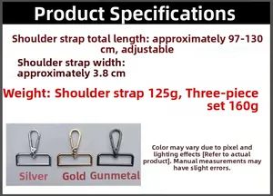 Verstelbare 3,8 cm brede schouderriem, lengte 97-130 cm in goud, zilver en gunmetal grijs