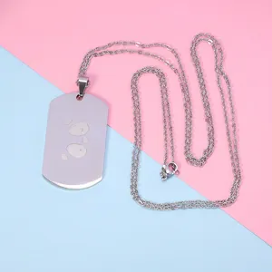 Polished silver dog tag necklace with panda paw prints on a fine stainless steel link chain