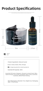 Detailed specs of crystal stone diffuser set with glass cup and 20ml essential oil bottle