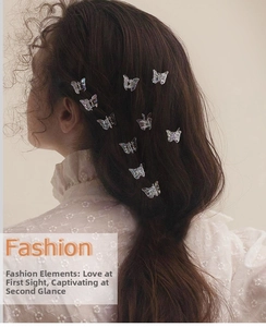 Detail view of mini butterfly hair clips with laser finish on a model's hair