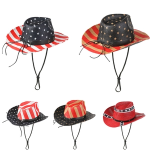 Western Cowboy Strohhut Mit US-Flagge Sterne Streifen Breite Krempe Sonnenschutz Atmungsaktiv Verstellbarer Kinnriemen Reise Fedora