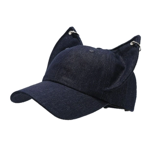 Distressed dark blue denim baseball cap featuring 3D ears and silver metal ring accents