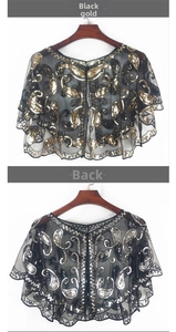 Detailed front and back view of black and gold paisley sequin mesh poncho cape