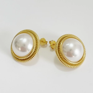 Vintage Shell Artificial Pearl Stud Earrings With 925 Sterling Silver Earring Post Gold Rope Textured Round French Style Elegant Women