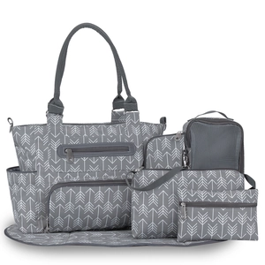 5-piece set of grey diaper bag with arrow patterns including changing mat and bottle bag
