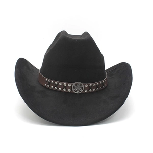 Close-up of black felt fedora hat with brown leather band and metallic rivet details