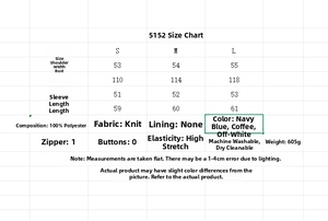 Detailed size chart for jacquard knit cardigan with polyester fabric specifications