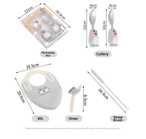 Detailed set of cartoon penguin baby feeding accessories with silicone bib and utensils