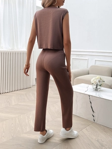 Rear view of brown sleeveless ribbed knit top and pants set for a casual summer style