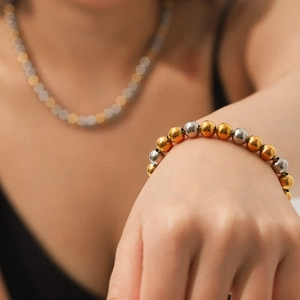 Bracelet chaîne à billes bicolore en acier inoxydable pour femme en argent et or