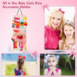 Pink hanging hair accessories organizer showing baby bows and headbands in use