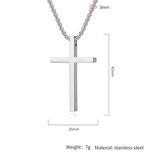 Silver stainless steel cross necklace showing precise dimensions and weight details