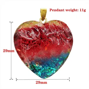 Rainbow heart pendant necklace with 29mm colorful fluorite resin and gold metal bail