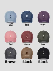 Matrix display of nine colorful washed denim baseball caps with vintage C embroidery